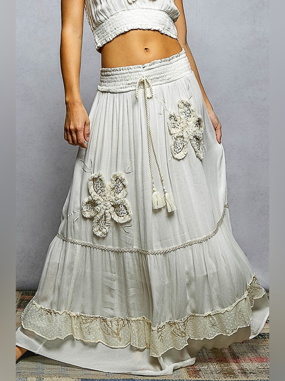P01. POL Cream Boho Maxi Skirt with Crochet Floral Appliqués - Picture 1 of 2
